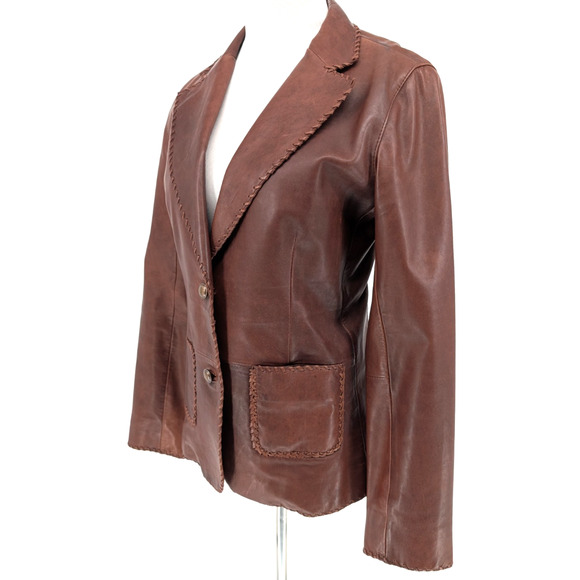 VTG Rizal Neiman Marcus Brown Leather Whip Stich Boho Western Blazer Medium Wmns - Picture 4 of 10